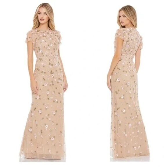 MAC DUGGAL 9086 Floral Embellished Flutter Sleeve Maxi...